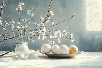 Sticker - Winter Still Life with Snowy Branch and Eggs on a Plate