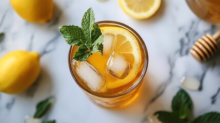 Sticker - Top view of a refreshing iced tea drink with lemon and mint garnish in a glass on a marble table.