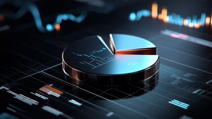 Aufkleber - A 3D pie chart with metallic, glossy segments representing financial growth, floating in front of a sleek, black background with lines and data points around it.