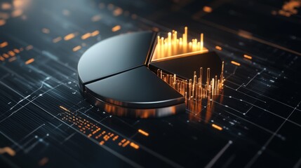 Aufkleber - A 3D pie chart with metallic, glossy segments representing financial growth, floating in front of a sleek, black background with lines and data points around it.