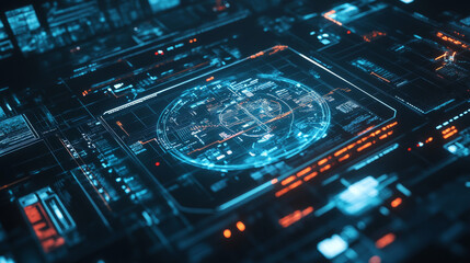 A digital security system uses a heads-up display (HUD) to show real-time information. This system can pinpoint locations, track targets, and monitor global cybersecurity threats.