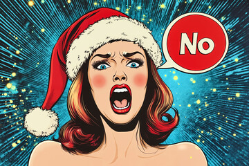 Poster - A woman in a santa hat with a speech bubble saying No