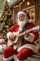 Sticker - A man dressed as Santa Claus playing a guitar on a bench