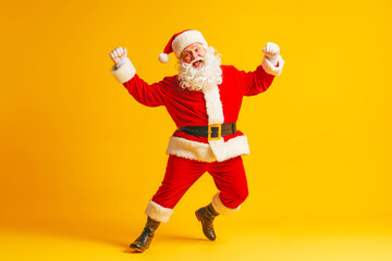 Canvas Print - A man dressed as Santa Claus dancing on a yellow background