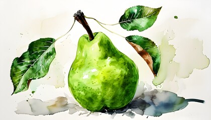 Vibrant watercolor depiction of a green pear accented by a rich brown stem