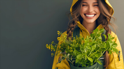 Smiling Woman in Yellow Raincoat Holding Fresh Herbs and Flowers, Copy Space