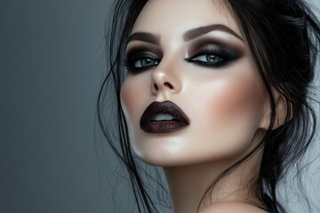 A beautiful woman with black makeup on her face, smoky eyes, and dark hair, isolated on a gray background.