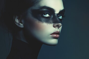 Wall Mural - Woman with black makeup on her face and white eyes, against a dark background, in a minimalist, fashion-style photograph.