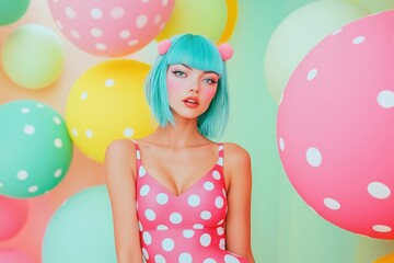 Wall Mural - A beautiful woman with blue hair and a pink polka-dotted body, standing in front of colorful spheres on a pastel background.