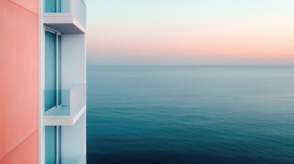 A vibrant, colorful building with a stunning ocean view during sunset, featuring clean lines and modern architecture, evoking feelings of calm and relaxation. Ideal for travel content.