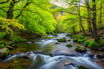 Wall Mural - Tranquil forest river flowing through verdant woodland