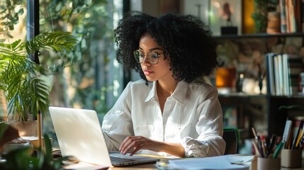 Wall Mural - A focused woman with glasses works on her laptop surrounded by greenery and books, creating a productive and serene workspace.