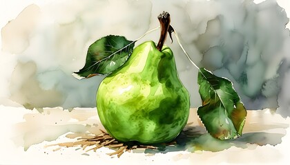 Vibrant watercolor depiction of a green pear accented by a rich brown stem