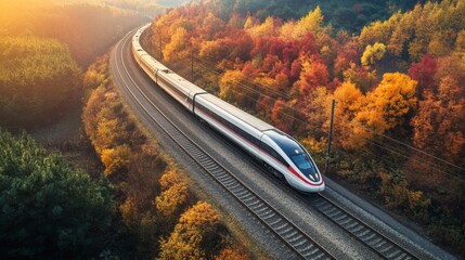 Fototapete - A bird's-eye view of a high-speed train moving along curved tracks in a rural area, showcasing its integration with natural landscapes.