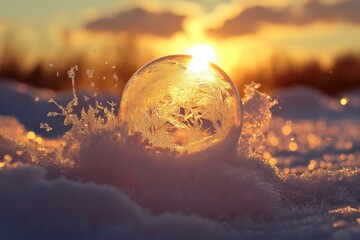 Canvas Print - Frozen Bubble Reflecting Sunset in Snow