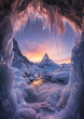 © Dariya - a beautiful illuminated ice cave with half frozen streams running through leading to Mountain, large iceicles hanging surrounding the cave