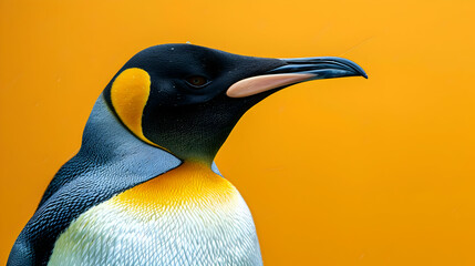 King Penguin Portrait with Copy Space on Yellow Background