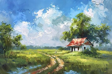 Digital oil paintings rural landscape, the road in old village, landscape with a house and trees, artwork