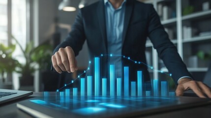 Fototapete - A businessman presenting a 3D bar chart in a modern office, with data bars floating above the table, emphasizing growth and success in business performance