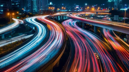 Aufkleber - A busy motorway interchange at night, with bright headlights of cars creating light trails and showcasing the complexity of urban transport networks.