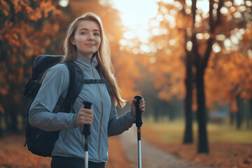 Close-up of a young woman of European appearance, a woman is engaged in Nordic walking in an autumn park on a sunny day. Healthy lifestyle and fitness concept. Advertising banner.