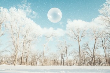 Canvas Print - Snow-Covered Trees and a Single Bubble Floating in a Winter Sky