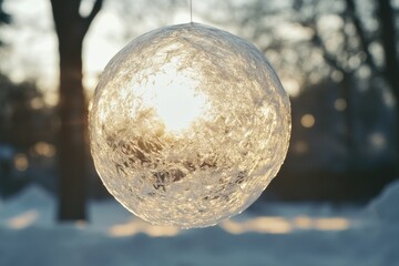 Sticker - A Frozen Sphere Reflecting Sunlight in a Winter Forest