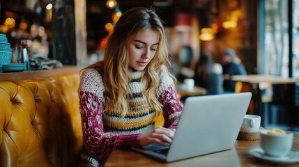 Wall Mural - A young woman types on a laptop in a cozy café, featuring soft lighting and a relaxed ambiance, embodying a moment of focus and creativity.