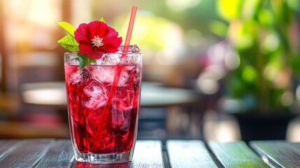 A chilled glass of iced roselle drink with syrup, ice cubes, and a straw, beautifully garnished with a fresh roselle flower, sitting on an outdoor