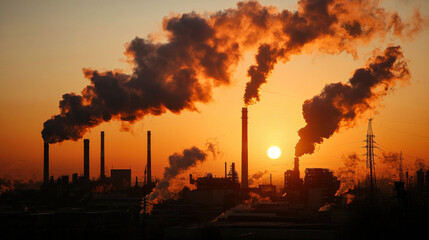 sprawling industrial city skyline at sunset, showcasing smokestacks emitting thick clouds of smoke against vibrant orange sky. scene evokes sense of both beauty and pollution