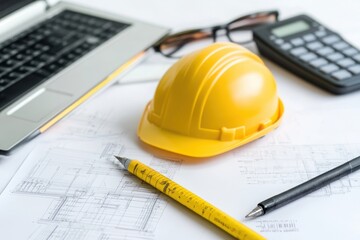 Construction tools on a work desk.