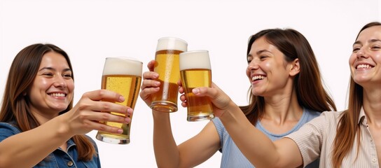 Friends raising glasses filled with beer against a transparent or white backdrop Beer DrinkingToasting Concept