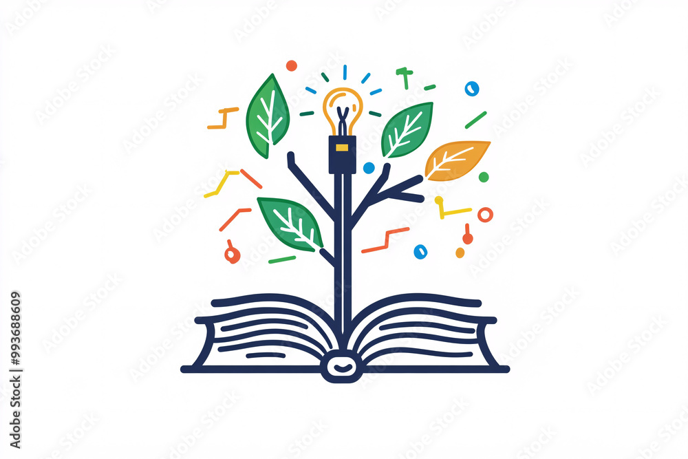 An open book with a tree growing from it and a glowing light bulb on ...