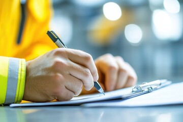 Worker writing on a clipboard in safety gear.