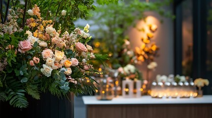 Wall Mural - A close-up view of a floral arrangement with soft pink and peach roses,  placed on a table with candles and a blurred background.