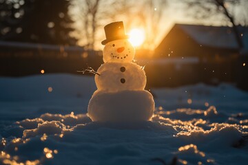 Sticker - Snowman with Black Top Hat Standing in Snow at Sunset