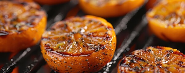 Wall Mural - Close-up of charred, roasted citrus slices with herbs on a hot grill, sizzling to perfection. Free copy space for text.