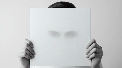 A mock up album cover/ vinyl cover held up by a person with an outline of a pair of eyes in the middle of the design, modern, contemporary, space for design and text, white background