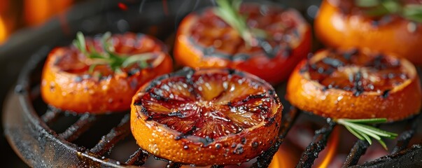 Wall Mural - Close-up of charred, roasted citrus slices with herbs on a hot grill, sizzling to perfection. Free copy space for text.