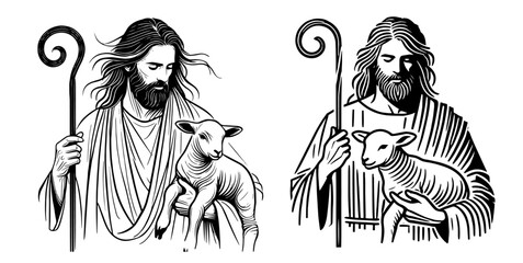 hand-drawn illustrations of jesus with a lamb, symbolizing compassion and faith in black and white vector