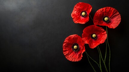 Wall Mural - A close-up of vibrant red poppy flowers against a dark background.