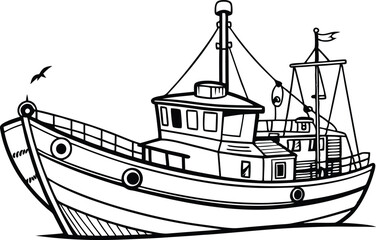 Fishing boat line art silhouette vector illustration on white background.