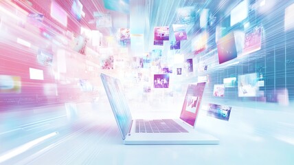 an illustration of a laptop with a flow of information, apps and thumbnails coming from it, graphic 