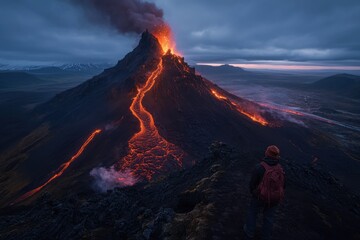 A breathtaking view of a volcano erupting at dusk as a person stands at a distance watching glowing lava flow down the mountain surrounded by a dramatic landscape.