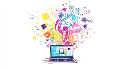 A doodle illustration of a laptop with a flow of information, apps and thumbnails coming from it, white background, graphic resource