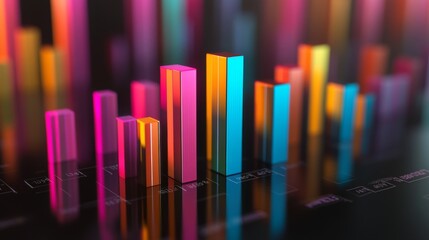 Poster - A colorful 3D bar chart rising from a glossy black surface, each bar representing data growth with numbers floating above in a sleek, modern style.