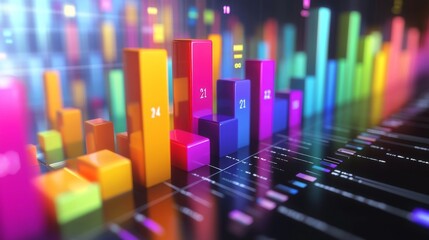 Poster - A colorful 3D bar chart rising from a glossy black surface, each bar representing data growth with numbers floating above in a sleek, modern style.