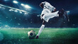 © master1305 - Back view of soccer player in white uniform in motion on open air arena with flashlights, controlling the ball during intense game. 3D render of stadium. Sport, tournament, competition, match concept