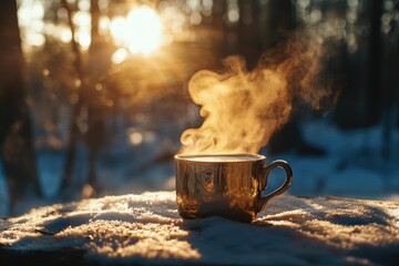 Wall Mural - A steaming cup of coffee in a snowy forest at sunset