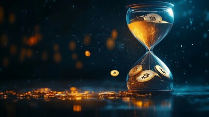 Wall Mural - Gold coins fall through an hourglass on a dark background, representing the passage of time and the value of cryptocurrency.